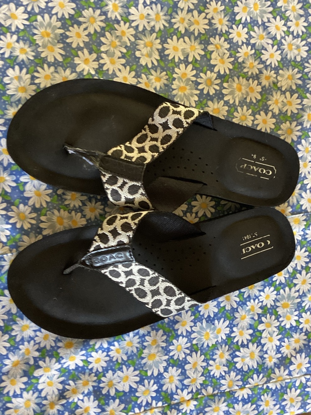 Coach Black Sandals with Signature Cream & Black Canvas Straps